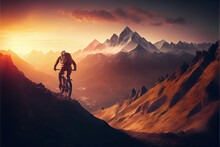 A Man Riding A Bicycle Down A Hill At Epic Sunset Digital Art Style, Illustration . AI
