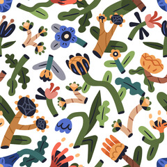 Aufkleber - Abstract naive floral pattern. Seamless background design, modern creative spring flowers, repeating print. Fancy doodle plants texture for textile, fabric, wrapping. Colored flat vector illustration