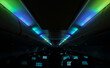 © Cavan Images - Interior of an Icelandic plane with Aurora Borealis lights decor