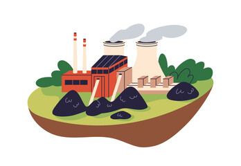 Wall Mural - Coal-fired plant for electricity generation. Electric industry factory, generating energy, power from fossils. Industrial building with smoke. Flat vector illustration isolated on white background