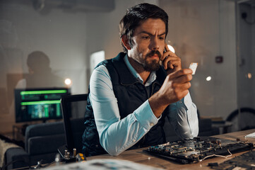 Poster - Computer hardware repair, microchip and serious it worker thinking how to fix a motherboard. Engineering, workshop and electric work of a male engineer working with focus on electrical project