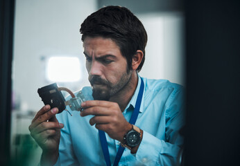 Poster - Serious man, IT technician and electrical repair for hardware fixing, technology or problem solving at office. Focused male engineer or handyman holding electronic tech component for computer repairs