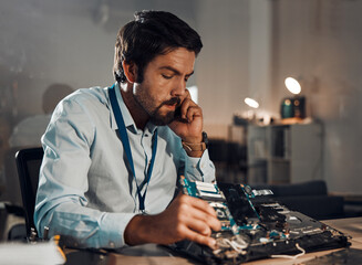 Poster - Technology, repair and thinking with an man fixing a device in an office for electrical or engineering. Laptop, information technology and service with a male it professional working on maintenance