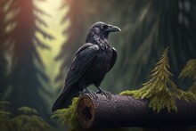 Black Crow In The Middle Of Beautiful Forest  Generative Ai