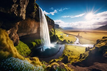 Poster - Waterfall in during sunny day.Fantastic magic illustration. AI