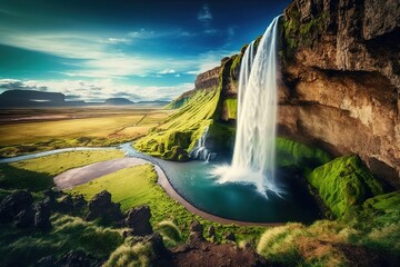 Poster - Waterfall in during sunny day.Fantastic magic illustration. AI