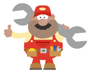 Wall Mural - African American Mechanic Cartoon Character Holding Huge Wrench And Giving A Thumb Up Flat Syle. Hand Drawn Illustration Isolated On Transparent Background