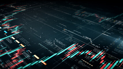Fototapete - Business stock market, trading, info graphic with animated graphs, charts and data numbers insight analysis to be shown on monitor display screen for business meeting mock up theme