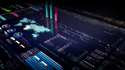 Fototapete - Business stock market, trading, info graphic with animated graphs, charts and data numbers insight analysis to be shown on monitor display screen for business meeting mock up theme