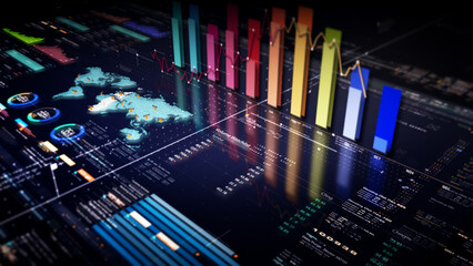 Aufkleber - Business stock market, trading, info graphic with animated graphs, charts and data numbers insight analysis to be shown on monitor display screen for business meeting mock up theme