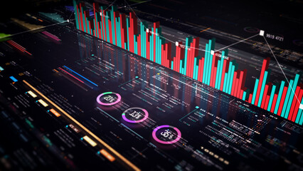 Fototapete - Business stock market, trading, info graphic with animated graphs, charts and data numbers insight analysis to be shown on monitor display screen for business meeting mock up theme