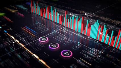 Fototapete - Business stock market, trading, info graphic with animated graphs, charts and data numbers insight analysis to be shown on monitor display screen for business meeting mock up theme