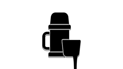 Wall Mural - Black Thermos container and cup icon isolated on white background. Thermo flask icon. Camping and hiking equipment. 4K Video motion graphic animation