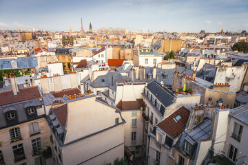 Wall Mural - Saint-Germain-des-Pres and french roofs from above at sunrise, Paris, France