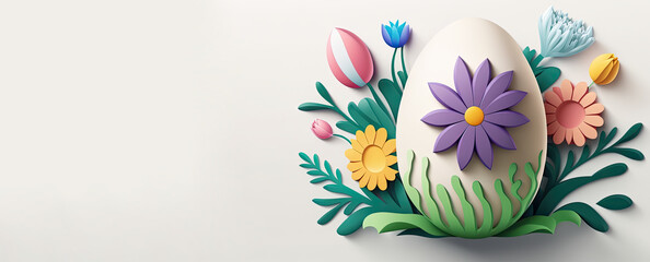 Wall Mural - Paper cut easter eggs with floral background, easter egg in easter celebration, easter background with copy space for text