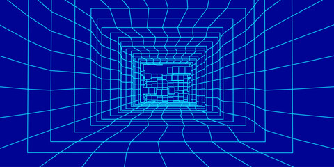 Poster - 3D wireframe room on blue background. Abstract perspective grid. Vector illustration.