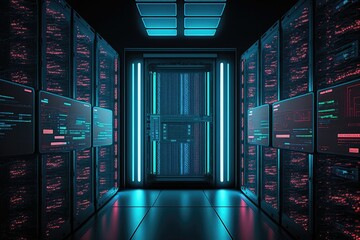 Canvas Print - Network security server room data center computer racks for mining cryptocurrency. Generative AI