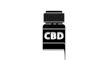 Sticker - Black Medical bottle with marijuana or cannabis leaf icon isolated on white background. Mock up of cannabis oil extracts in jars. 4K Video motion graphic animation