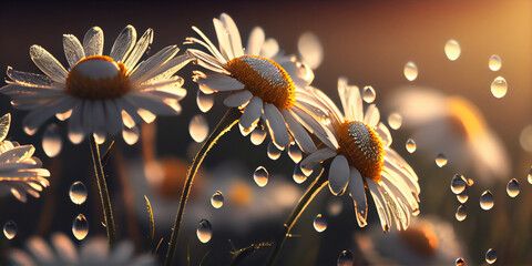 Wall Mural - Beautiful chamomile flowers in meadow. Spring or summer nature scene with blooming daisy panorama, AI Generated