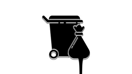 Sticker - Black Trash can and garbage bag icon isolated on white background. Garbage bin sign. Recycle basket icon. Office trash icon. 4K Video motion graphic animation