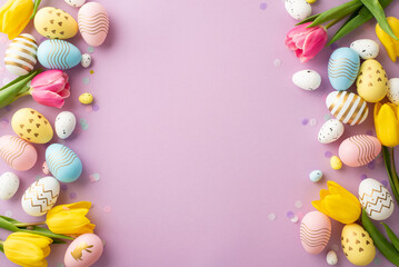 Wall Mural - Easter decor concept. Top view photo of colorful easter eggs flowers yellow pink tulips and confetti on isolated lilac background with empty space