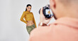 © Courtney H/peopleimages.com - Camera, photographer and photography with woman fashion model in studio for creative, advertising and image. Media, backstage and professional man with girl and equipment for photoshoot capture