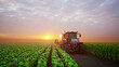 Tractor working in agricultural plots at sunset. 3d render