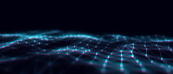 Aufkleber - Technology blue wave with lines. Big data visualization. Analytics representation. Digital background with glitch effect. 3d rendering.