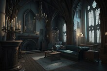 Impressive Dark Living Room With High Vaulted Ceilings And Gothic Stained Glass Windows. A Large Antique Chandelier Hangs In The Center Of The Room. Huge Windows, Vintage Furniture.fantasy Concept.AI