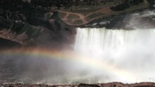 The Breathtaking Panoramic Landscape View Of A Rainbow At Niagara Falls, New York. Displaying A Spectrum Of Colours In The Misty Waters. A Stunning Natural Wonder. Historical Footage Of The 1960