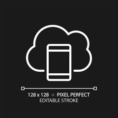 Wall Mural - Mobile cloud computing pixel perfect white linear icon for dark theme. Apps delivering technology. Access to virtual server. Thin line illustration. Isolated symbol for night mode. Editable stroke