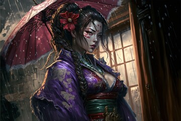 Japanese Female Geisha Warrior, Character Concept, Digital Illustration, Generative AI