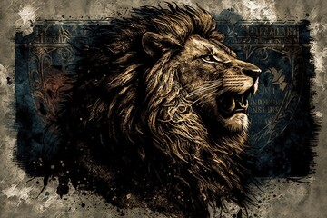 Wall Mural - time-honored roar: a textured vintage lion illustration generative ai