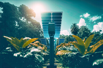 Solar panel in tropical forest. Eco energy concept. AI generated