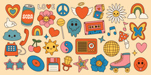Groovy Set Hippie 70s. Cartoon Flower Rainbow Peace Love Heart Daisy Mushroom Etc. Sticker Pack In Trendy Retro Style. 