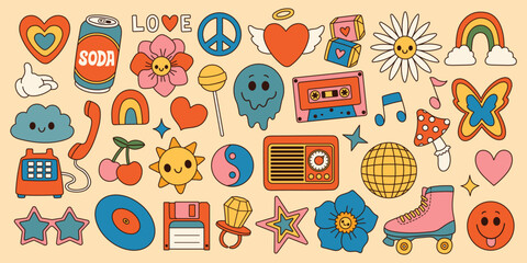 Wall Mural - Groovy set hippie 70s. Cartoon flower rainbow peace Love heart daisy mushroom etc. Sticker pack in trendy retro style. 