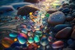 Colorful shining vibrant pebbles on beach closeup generative AI