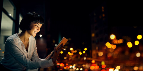 Aufkleber - Smile, night and tablet with woman on rooftop for research, social media and networking app. Technology, internet and website with girl outside for email, communication and data in city bokeh mockup