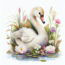 Swan With Flower Watercolor Created By Artificial Intelligence Tools