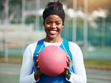 Portrait, Black Girl With Netball And Sports With Smile, Fitness And Training For Game Outdoor, Happy Teen And Ready. Exercise, Athlete And African Female With Ball, Healthy And Active Lifestyle