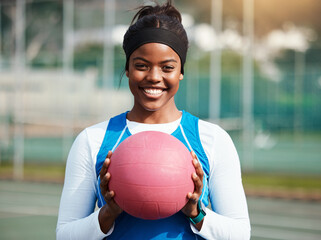portrait, black girl with netball and sports with smile, fitness and training for game outdoor, happ