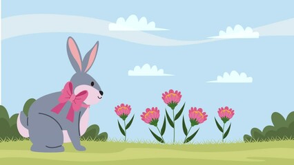 Poster - cute rabbit gray in the garden animation