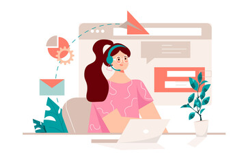 Poster - Support pink concept with people scene in the flat cartoon design. Employee of the support center explains the client how to act in emergency situations.