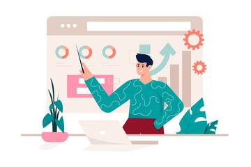 Aufkleber - Business analysis pink concept with people scene in the flat cartoon style. Employee analyzes data and information about business.
