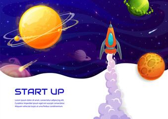 Poster - Space landing page with spaceship launch, planets