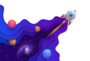 Poster - Space paper cut flying rocket in starry galaxy