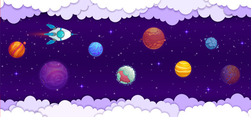 Poster - Space paper cut flying rocket in galaxy universe
