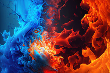 teal and orange colorful background with blue smoke crossing with red fire.  generative AI.