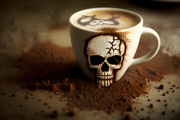 coffee cup, with poison, the drink of the devil, evil and horror style illustration, close up portra