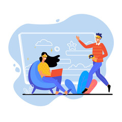 Poster - Gaming blue concept with people scene in the flat cartoon design. Boy and girl play computer games using a laptop and VR-glasses.